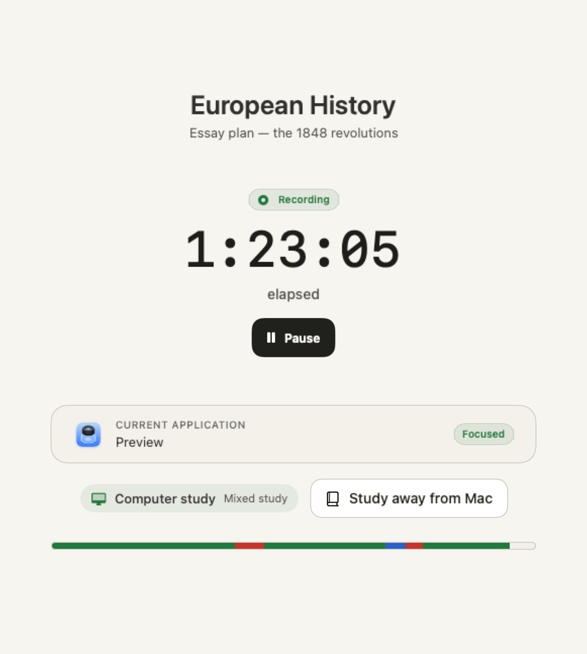 An open-ended FocusProof session for European History showing 1 hour 23 minutes 5 seconds elapsed, the current application Preview marked Focused, and a Study away from Mac button.