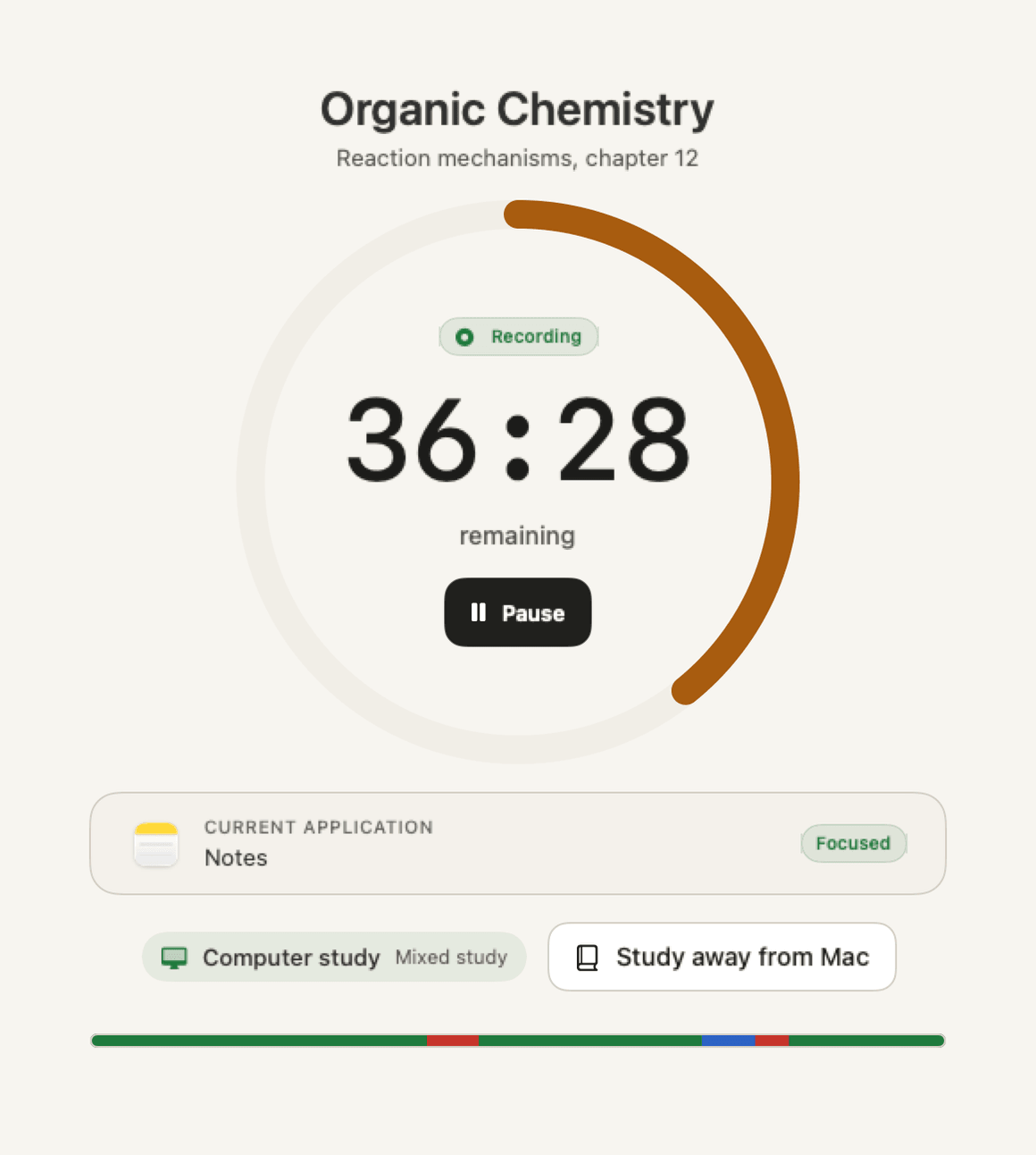 A running FocusProof Timer session for Organic Chemistry. A ring shows 36 minutes 28 seconds remaining, a Recording badge is visible, the current application is Notes marked Focused, and a Pause button sits below.