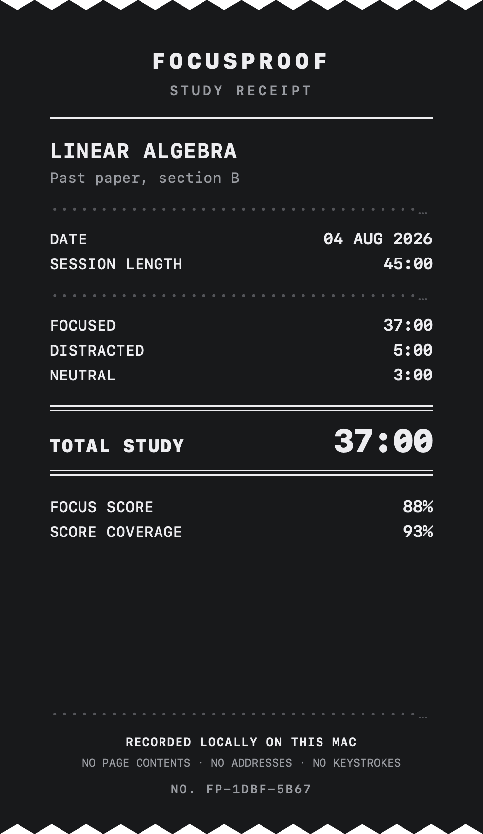 The same FocusProof Study Receipt rendered in its dark theme, with identical figures.