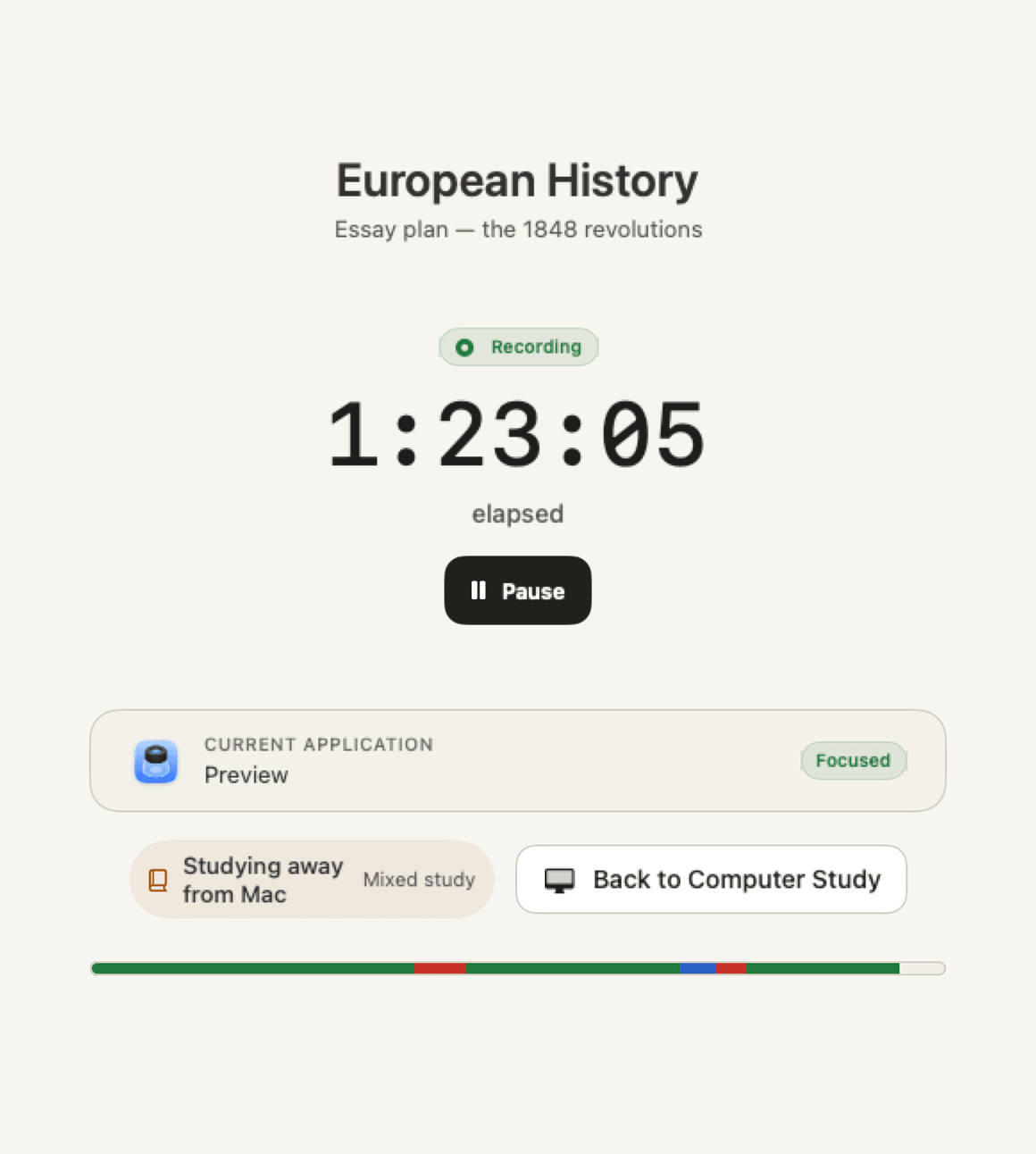 The same European History session after choosing to study away from the Mac. The status now reads “Studying away from Mac”, with a Back to Computer Study button to return.
